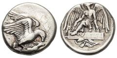 Elis, Olympia. 87th Olympiad, 432 BC. Stater, 12.08g. (h). Obv: Eagle flying right with wings above his body, grasping hare by the back with his talons and tearing at it with his beak; graffitto KO ab