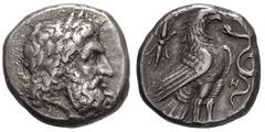 Elis, Olympia. First quarter of 3rd Century BC. Stater, 12.16g. (h). Obv: Laureate head of Zeus right. Rx: Eagle, with closed wings, standing right on the tail of a snake, coiling upwards and striking