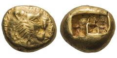Lydia. Alyattes. c. 650-620 BC. EL Trite, 4.68g. (h). Obv: Head of lion right with jaws opened wide and wart on face; before, name FAΛFEI ("Walwet") . Rx: Irregular incuse. Weidauer 91. Dewing 2420. A
