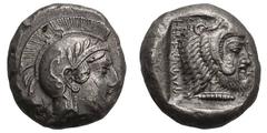Lycia. Dynasts of. Kherei. c. 410-390 BC. Stater, 8.55g. (h). Obv: Helmeted head of Athena right, letter behind (v). Rx: Head of Herakles right, wearing lion-skin headdress. Lycian script behind head.