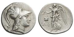 Pamphylia. Side. c. 203 BC. Tetradrachm, 17.02g. (h). Obv: Head of Athena right, wearing crested Corinthian helmet. Dotted border. Rx: Nike, wearing chiton and himation, advancing left, holding wreath