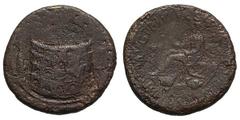Divus Titus. 79-81 AD. Sestertius, 23.12g. (h). Rome, 81 AD. Obv: Colosseum seen from front and above between obelisk on base (Meta Sudans) and porticoed building of two stories (Baths of Titus), with