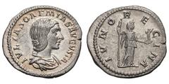 Julia Soaemias, Mother of Elagabalus. . Denarius, 2.91. (h). Rome, 218 AD. Obv: IVLIA SOAEMIAS AVGVSTA Bust draped right. Rx: IVNO REGINA Juno, veiled, standing right holding scepter and Palladium. BM
