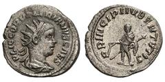 Valerian II as Caesar. 256-258 AD. Antoninianus, 3.65g. (h). Antioch, 256-8 AD. Obv: P LIC COR VALERIANVS CAES Radiate, draped, cuirassed bust right. Rx: PRINCIPI IVBENTVTIS (sic) Prince standing left