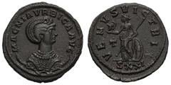 Magnia Urbica, Wife of Carinus. . Antoninianus, 5.12g. (h). Ticinum, 283-285 AD. Obv: MAGNA VRBICA AVG Draped and diademed bust right on crescent. Rx: VENVS VICTRIX Venus standing left, holding helmet