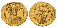 Honorius. 393-423 AD. Solidus, 4.43g. (h). Thessalonica, 408-420 AD. Obv: D N HONORI - VS P F AVG Pearl-diademed, helmeted, cuirassed bust three-quarters front, holding spear over right shoulder, shie