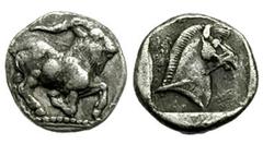 THRACO-MACEDONIAN TRIBES. Mygdonia? Ca. 465-450 BC. Silver diobol (0.95 gm). He-goat half-kneeling right / Bridled horse head right in shallow incuse square. AMNG III/2, p. 143, 53, pl. 27, 6. Svorono