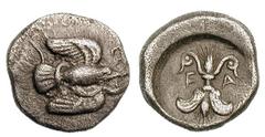ELIS. Olympia. Ca. 468 BC. Silver hemidrachm (2.86 gm). Eagle flying right, carrying snake in beak, its body wrapped around eagle's tail / F-A, winged thunderbolt, all in circular incuse. SNG Berry 80