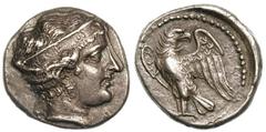 ELIS. Olympia. 368 BC, the 103rd Olympiad. Silver drachm (5.90 gm). F-A, head of Hera right, wearing pendant earring and stephane ornamented with palmettes with H-R-A inscribed between them / Eagle wi