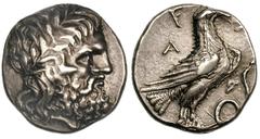 ELIS. Olympia. Ca. 269-250 BC. Silver stater (12.30 gm). Laureate head of Zeus right / F-A, eagle with closed wings standing right on tail of coiled serpent, control letters A-R (latter retrograde) ac