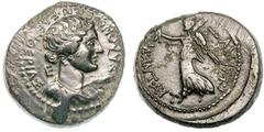 Mark Antony and Octavian (triumvirs). Leaded bronze dupondius (16.20 gm). Thessalonica, Macedonia, 37 BC. QESSALONIKEWN ELEUQERIAS, head of Eleutheria right / M ANT AUT G KAI AUT, Nike standing left. 