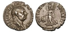 Vitellius (AD 69). Silver denarius (3.48 gm). Gaul. A VITELLIUS GER IMP AVG P MAX TR P, laureate head right / Victory flying left, holding shield inscribed S P Q R. Cohen 102 (Paris). BMCRE 124 note (