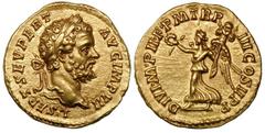 Septimius Severus (AD 193-211). Gold aureus (7.25 gm). Rome, AD 195. L SEPT SEV PERT AVG IMP VII, laureate head right / DIVI M PII F P M TR P III COS II P P, Victory advancing left, holding wreath and