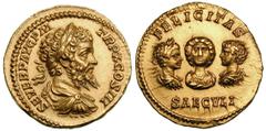 Septimius Severus (AD 193-211). Gold aureus (7.15 gm). Rome, AD 202. SEVER P AVG P M TR P X COS III, laureate, draped, cuirassed bust of Septimius right / FELICITAS SAECVLI, facing bust of Julia Domna
