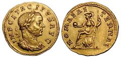 Tacitus (AD 275-276). Gold aureus (4.37 gm). Lugdunum. IMP CL TACITVS AVG, radiate, draped, cuirassed bust right, seen from front / ROMAE AETERNAE, Roma seated left, holding globe and scepter, shield 