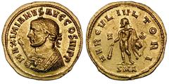Maximian (first reign, AD 286-305). Gold aureus (5.17 gm). Antioch, AD 290. MAXIMIANVS AVG COS III P P, laureate bust left, wearing consular robes and holding eagle-tipped scepter in right hand / HERC