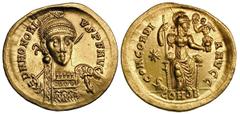 Honorius (AD 393-423). Gold solidus (4.43 gm). Thessalonica, AD 408-420. D N HONORIVS P F AVG, helmeted, cuirassed bust facing, holding spear over right shoulder, shield on left shoulder decorated wit