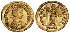 Justa Grata Honoria (sister of Valentinian III). Gold solidus (4.39 gm). Ravenna, ca. AD 430-445. D N IVST GRAT HONORIA P F AVG, draped bust right, wearing pearl diadem, cross on shoulder, Hand of God