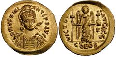 Justinian I (AD 527-565). Gold solidus (4.49 gm). Constantinople, ca. AD 527-537. D N IVSTINI-ANVS PP AVG, helmeted, cuirassed bust three-quarters right, holding spear over right shoulder, shield on l