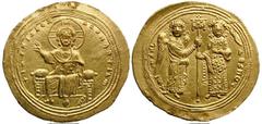 Michael V Calaphates (13 December AD 1041-21 April AD 1042). Gold histamenon nomisma (4.44 gm). +IhS XIS REX REgNANTIhM, Christ enthroned facing, raising right hand in benediction and holding book of 