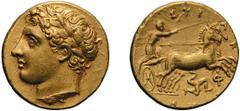 Sicily. Syracuse. Agathocles. 317-289 BC. AV 60 Litrai (Decadrachm), 4.30g (3h). Sicily, Syracuse, c. 317-310 BC. Obv: Laureate head of Apollo left. Rx: Biga right, ΣYP - A - K - [OΣI]ΩN around; trisk