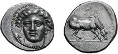 Thessaly. Larissa. c. 400-370 BC. Drachm, 6.07g (7h). Obv: Facing head of nymph Larissa. Rx: ΛΑΡΙΣΑ Horse grazing right. H.J. Berk, 100 Greatest Ancient Coins, p. 44 (this coin). Lorber in Florilegium