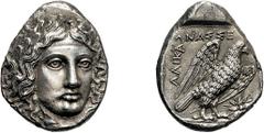 Caria, Halicarnassus. c. 375 BC. Tetradrachm, 15.21g (12h). Obv: Head of Apollo facing, turned slightly to right. Rx: Eagle standing right, wings spread; sunburst to right, AΛIKAPNAΣΣEΩN around. Exces