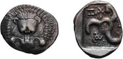 Lycia, Trbbenimi. c. 390-375 BC. Stater, 9.82g (10h). Obv: Lion's scalp facing. Rx: Triskeles; small triskeles in one corner, Lycian inscription around. Podalia 128-9 var. (same obv. die, different re