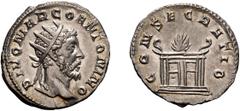 Marcus Aurelius, Divus. Died 180 AD. Antoninianus, 3.70g (7h). Rome, restored by Trajan Decius, 250-1 AD. Obv: DIVO MARCO ANTONINO Radiate head of Divus Marcus Aurelius right. Rx: CONSECRATIO Rectangu