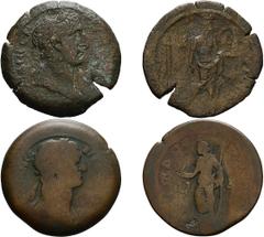 Lot of two nome coins of Trajan, both ex Dattari. (1) Thinite nome, AE 35, Year 12 = 108/9 AD, 21.11g. Laureate bust of Trajan right, fold of aegis on front shoulder and behind neck / [ΘINEITHC] Ares 