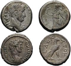 Lot of three billon tetradrachms and one bronze coin of Hadrian, two of them ex Dattari. (1) Tetradrachm, Year 7 = 122/3 AD, 12.71g. Bust laureate right, fold of cloak on front shoulder and behind nec