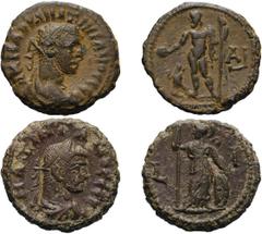 Lot of two billon tetradrachms of Maximianus with rare types. (1) Year 1 (date retrograde) = 285/6 AD, 7.69g. Bust laureate, draped, cuirassed right / Zeus standing left, holding patera and scepter, a