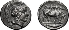 Greek Lucania. Thurium. c. 443-400 BC. Diobol, 1.32g (10h). Obv: Helmeted head of Athena right. Rx: Bull butting right, ΘΟΥΡΙΩΝ above, tuna swimming right in exergue. Klein 22 var. (no Z above). SNG C