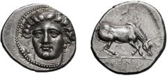 Greek Thessaly. Larissa. c. 400-370 BC. Drachm, 6.07g (7h). Obv: Facing head of nymph Larissa. Rx: ΛΑΡΙΣΑ Horse grazing right. H.J. Berk, 100 Greatest Ancient Coins, p. 44 (this coin). Lorber in Flori