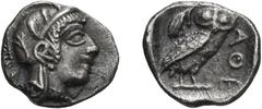 Greek Attica. Athens. c. 450-430 BC. Hemiobol, 0.35g (11h). Obv: Head of Athena right, wearing Attic helmet decorated with three olive leaves. Rx: AΘE Owl standing right, head facing; in upper left fi