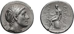 Greek Seleucid Kingdom. Antiochus II. 261-246 BC. Tetradrachm, 17.02g (3h). AntiochObv: Diademed head of king right. Rx: ΒΑΣΙΛΕΩΣ ΑΝΤΙΟΧΟΥ Apollo Delphinios seated left on omphalos, holding arrow, oth