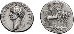Roman Empire Divus Claudius I. . Denarius, 3.66g (4h). Lugdunum, 54-5 AD. Obv: DIVVS CLAVDIVS AVGVSTVS Head laureate left. Rx: EX S C Tensa drawn right by four horses; the tensa has a pediment like a 