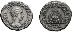 Roman Empire Tranquillina. Drachm, 3.35g (1h). Cappadocia, Caesarea, Year 4=241 AD. Obv: CABINIA TRANKVΛΛIN AV Bust draped right, large nest of braids in hair at back, without stephane. Rx: MHTPO KAIC