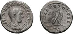 Roman Empire Philip II as Caesar, wrongly with obverse legend of Philip I. Tetradrachm, 10.94g (1h). Antioch, 244 AD. Obv: AYTOK KAI M IOYΛ ΦIΛIΠΠOC CEB Bare-headed, draped, cuirassed bust of Philip I