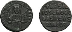 Byzantine Basil I. 867-886 AD. Follis, 6.27g (6h). Constantinople. Obv: +bASILIO - S - BASILEVS Basil enthroned facing, wearing crown and loros, holding labarum and akakia. Rx: +bASIL / IOS EN ΘEO / b