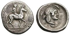 SICILY. Syracuse. Ca. 480 BC. Silver didrachm (8.34 gm). Bearded, nude man on horseback right / ΣVRA—KO—ΣION (N retrograde), head of Arethusa right, wearing pearl necklace and pearl diadem under which