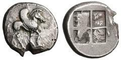 MACEDONIA. Argilos. Ca. 500-480/75 BC. Silver stater (13.14 gm). Pegasus standing right / Quadripartite incuse with raised mound in each quarter, partially filled. SNG ANS 756. Asyut 53. Very rare. Ve