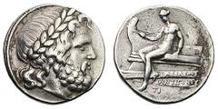 MACEDONIAN KINGDOM. Antigonus II Gonatas(?). (277-239 BC). Silver tetradrachm (16.78 gm). Laureate head of Zeus right, dotted border / ΒΑΣΙΛΕΩΣ ΑΝΤΙΓΟΝΟΥ in two lines on prow on which Apollo seated le