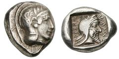 LYCIA. Kherei. ca. 410-390 BC. Silver stater (8.57 gm). Xanthus. Head of Athena right, wearing round earring and crested Attic helmet ornamented with olive leaves above visor and spiral palmette on bo
