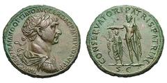 Trajan. (98-117 AD). Orichalcum sestertius (25.45 gm). Rome, 115 AD. IMP CAES TRAIANO OPTIMO AVG GER DAC P M TR P COS VI P P, bust laureate, draped, cuirassed right, seen from behind / CONSERVATORI PA