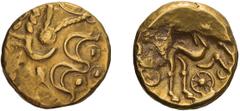 Ancient Greek Gallo-Belgic Celts. Triple-tailed horse type, Gold Stater. Class F, 60-50 BC. Triple-tailed horse type, Gold Stater, 6.02g (5h). Obv: Abstracted head right. Rx: Disjointed horse right. V
