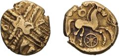 Ancient Greek Celtic Britain, Trinovantes. Middle Whaddon Chase type, Gold Stater. 45-40 BC. Middle Whaddon Chase type, Gold Stater, 5.72g Obv: Abstracted head of Apollo right. Rx: Romanized horse pra