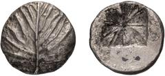 Ancient Greek Sicily. Selinus. Didrachm. 530-500 BC. Didrachm, 8.04g (7h). Obv: Celery leaf, pellet to left and right of stem. Rx: Incuse square divided into sections. SNG ANS 672. BMC 5. SNG Copenhag