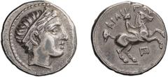 Ancient Greek Macedonian Kingdom. Philip II. Fifth Stater. 359-336 BC. Fifth Stater, 2.60g (9h). Amphipolis, c. 323/2-316/5 BC. Obv: Head of Apollo right, hair bound with taenia. Rx: Naked youth on ho