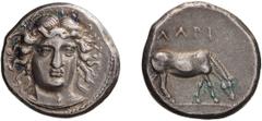 Ancient Greek Thessaly. Larissa. Drachm. c. 400-380 BC. Drachm, 6.15g (4h). Obv. Three-quarter facing head of nymph Larissa, with ampyx and floating hair, signed ΣIMO above (weak). Rx: ΛΑΡI Horse graz